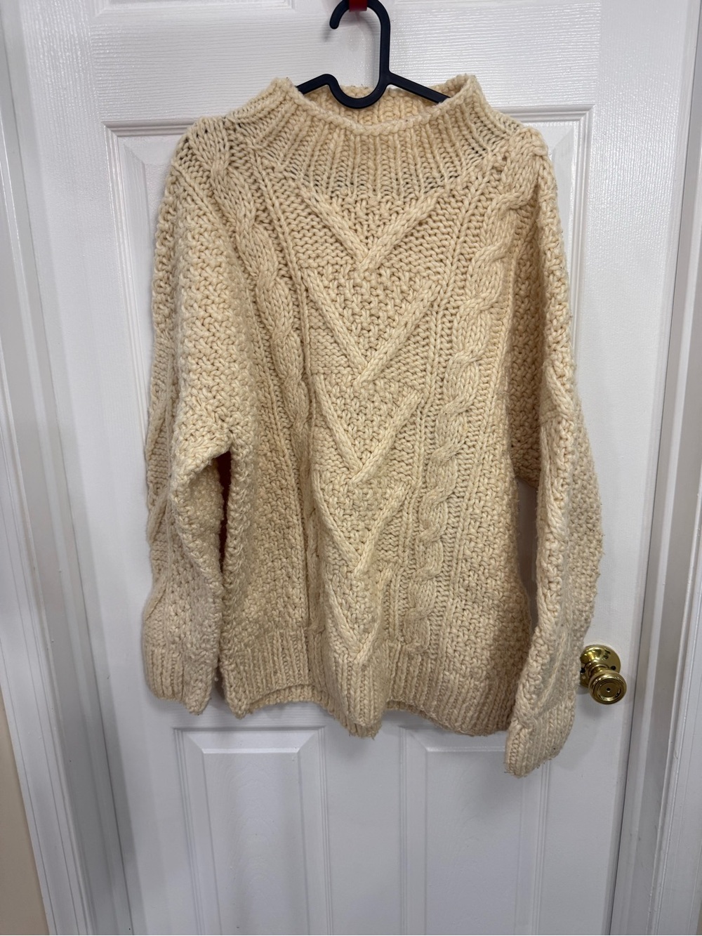 Vintage Cream Chunky Cable Knit Roll Neck Oversized Sweater Size XL Handmade